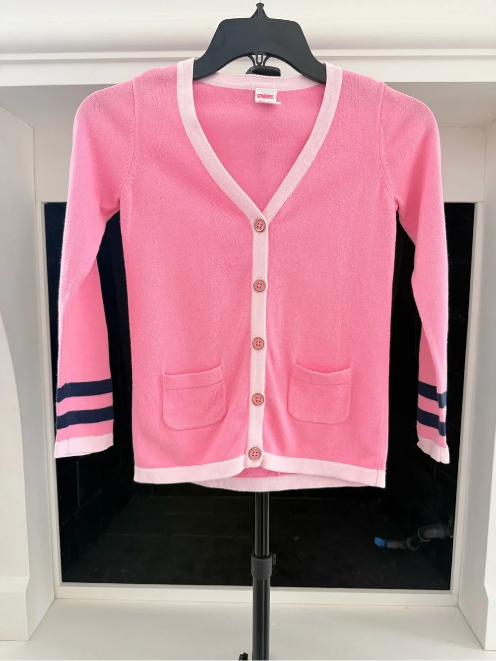 Gymboree Pink Letterman Cardigan with Navy Stripe Cuffs- Size 6